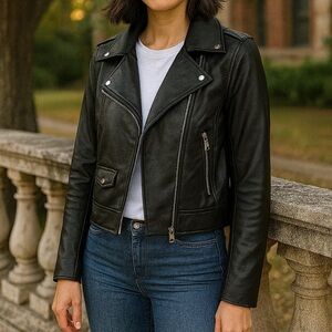 H&M Black Vegan Leather Zip Front Long Sleeve Moto Jacket Women Size XS Casual